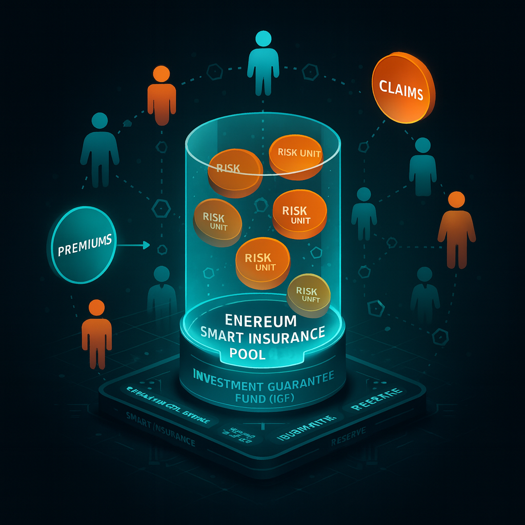 Enereum Smart Insurance (ESI): pooled premiums create a shared-risk fund that automatically pays valid claims via smart contracts—working alongside Operator Collateral and the Upfront Reserve to deliver IGS coverage (AIGP) for Project NFTs.